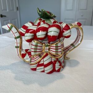 Christopher Radko Red, White & Green Candy Cane Stripe Teapot with Gold Accents.